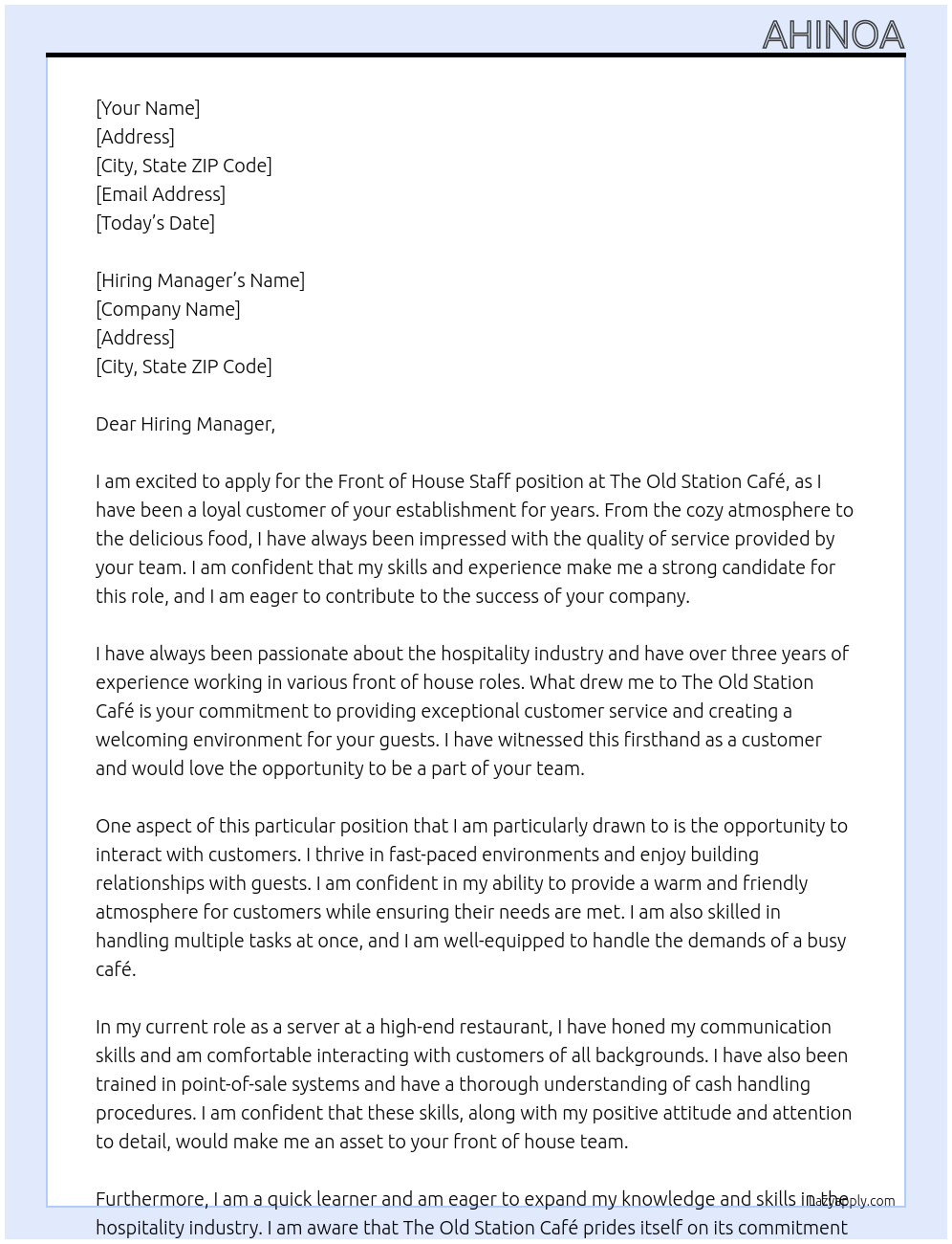Front of House Staff At The Old Station Café Cover Letter