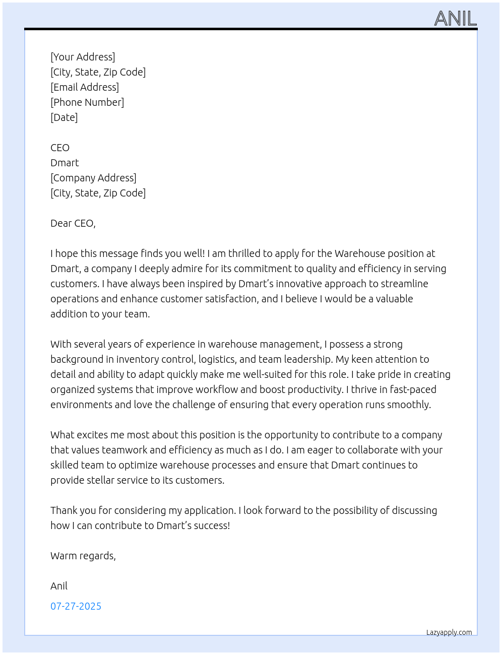 warehouse At dmart Cover Letter