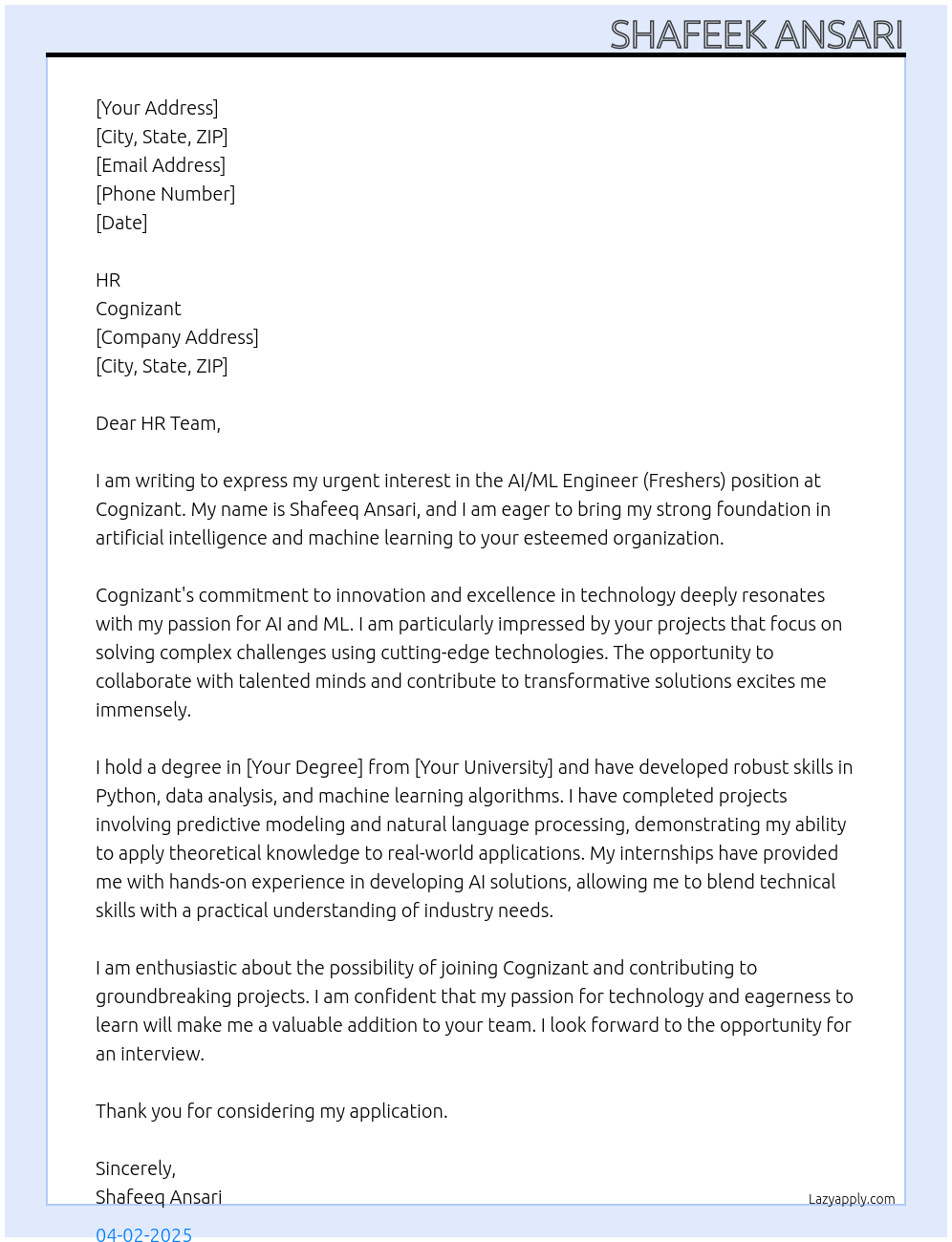 Cover letter for ai/ml engineer[freshers] - LazyApply
