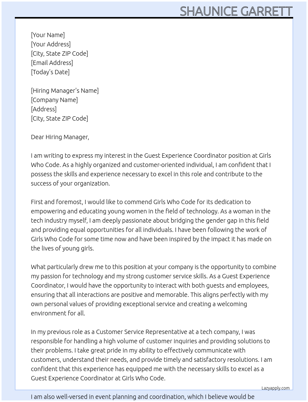 Guest Experience Coordinator At Girls Who Code Cover Letter
