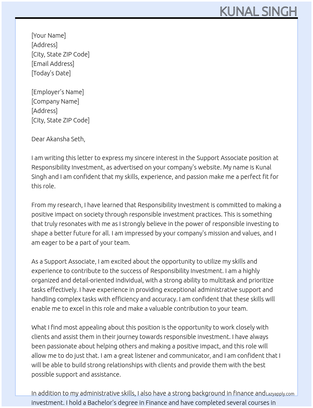 Support associate  At Responsibility investment Cover Letter