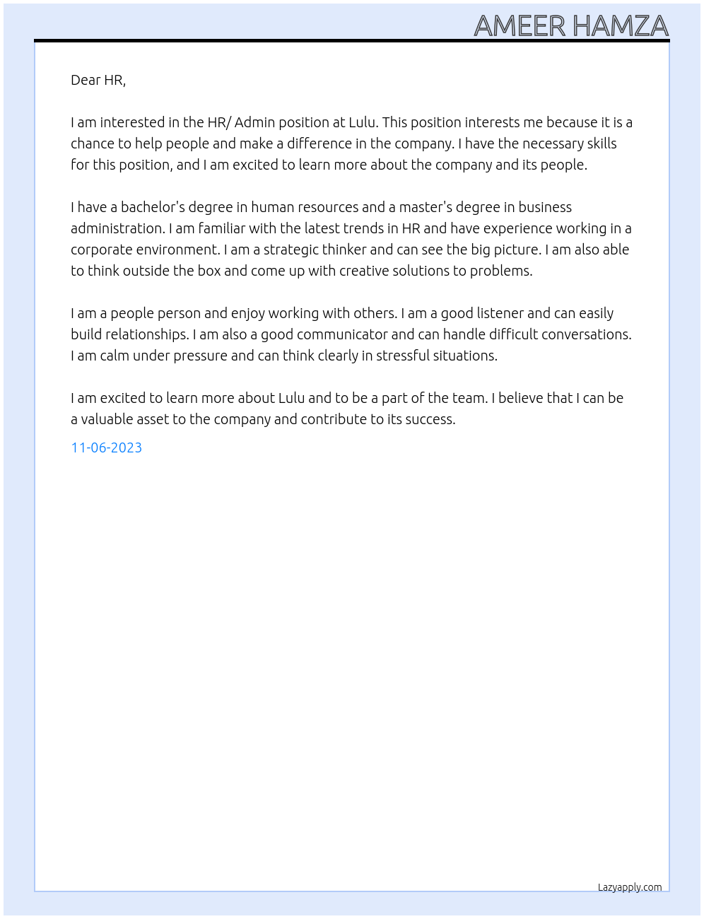 HR/ Admin At Lulu Cover Letter