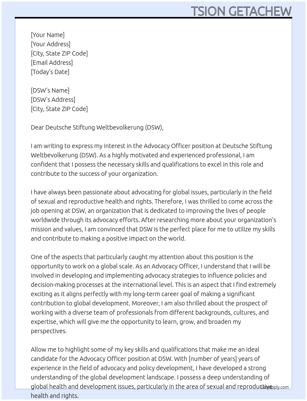 Advocacy Officer At Deutsche Stiftung Weltbevolkerung (DSW) Cover Letter