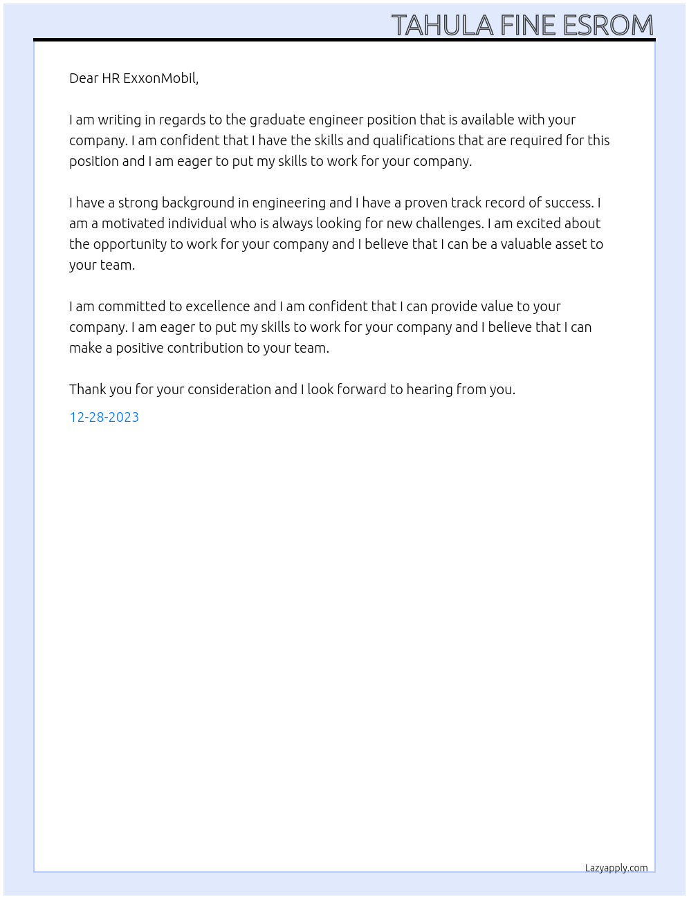 Graduate Engineer At ExxonMobil Cover Letter