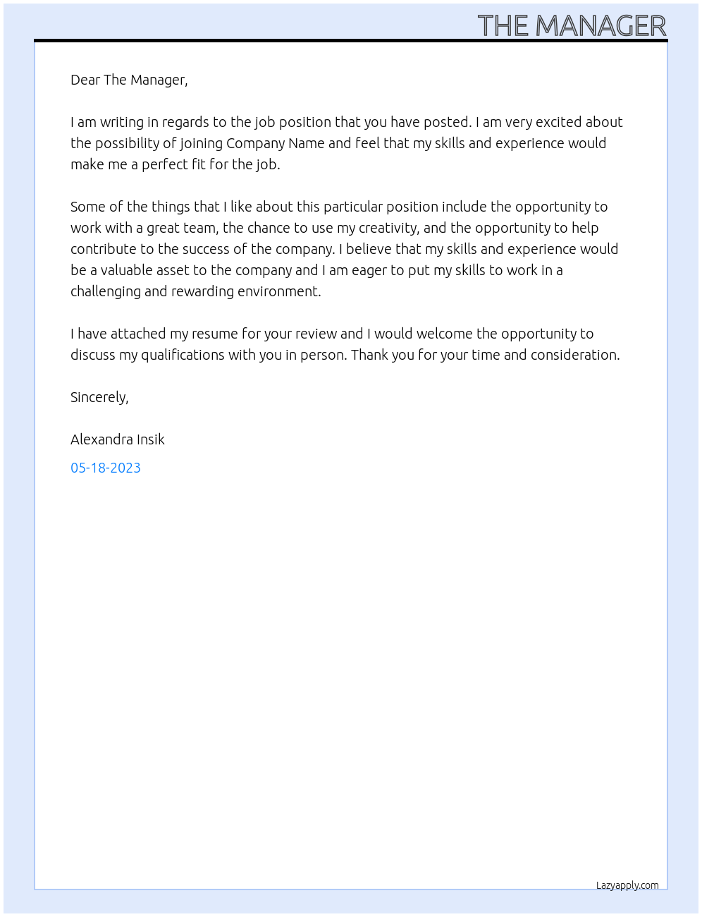 Job At Company Name Cover Letter