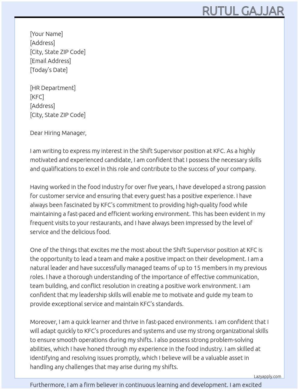 Shift Supervisor At KFC Cover Letter