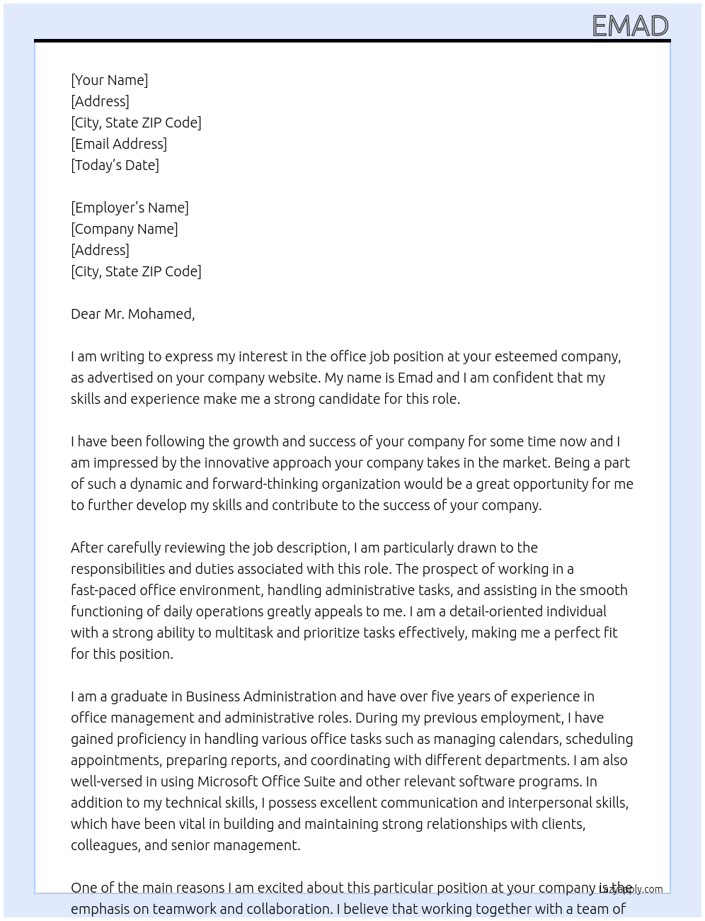 office job At your company Cover Letter