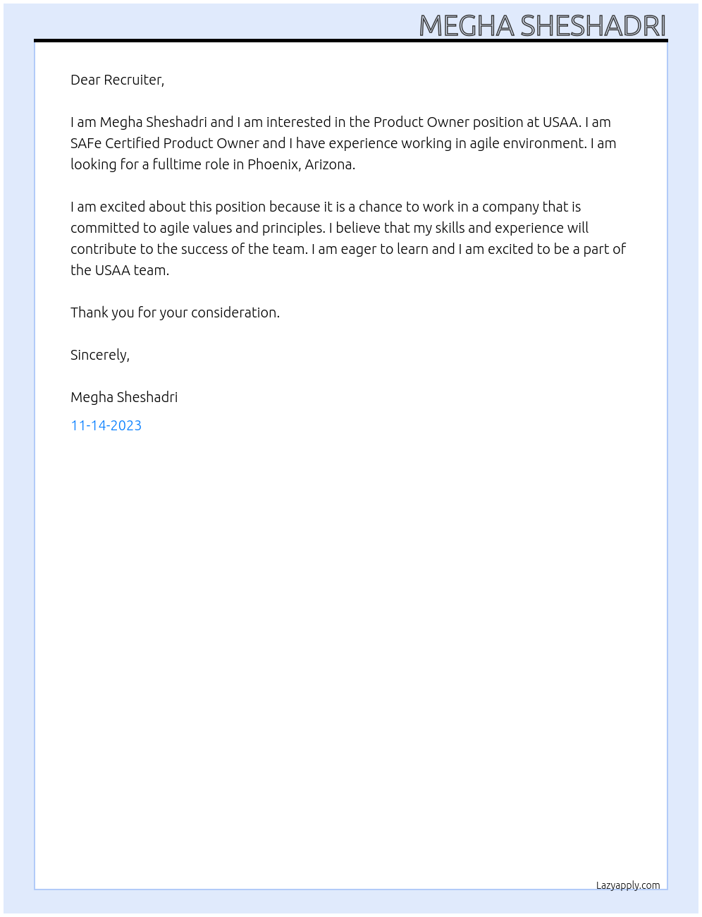 Product Owner At USAA Cover Letter