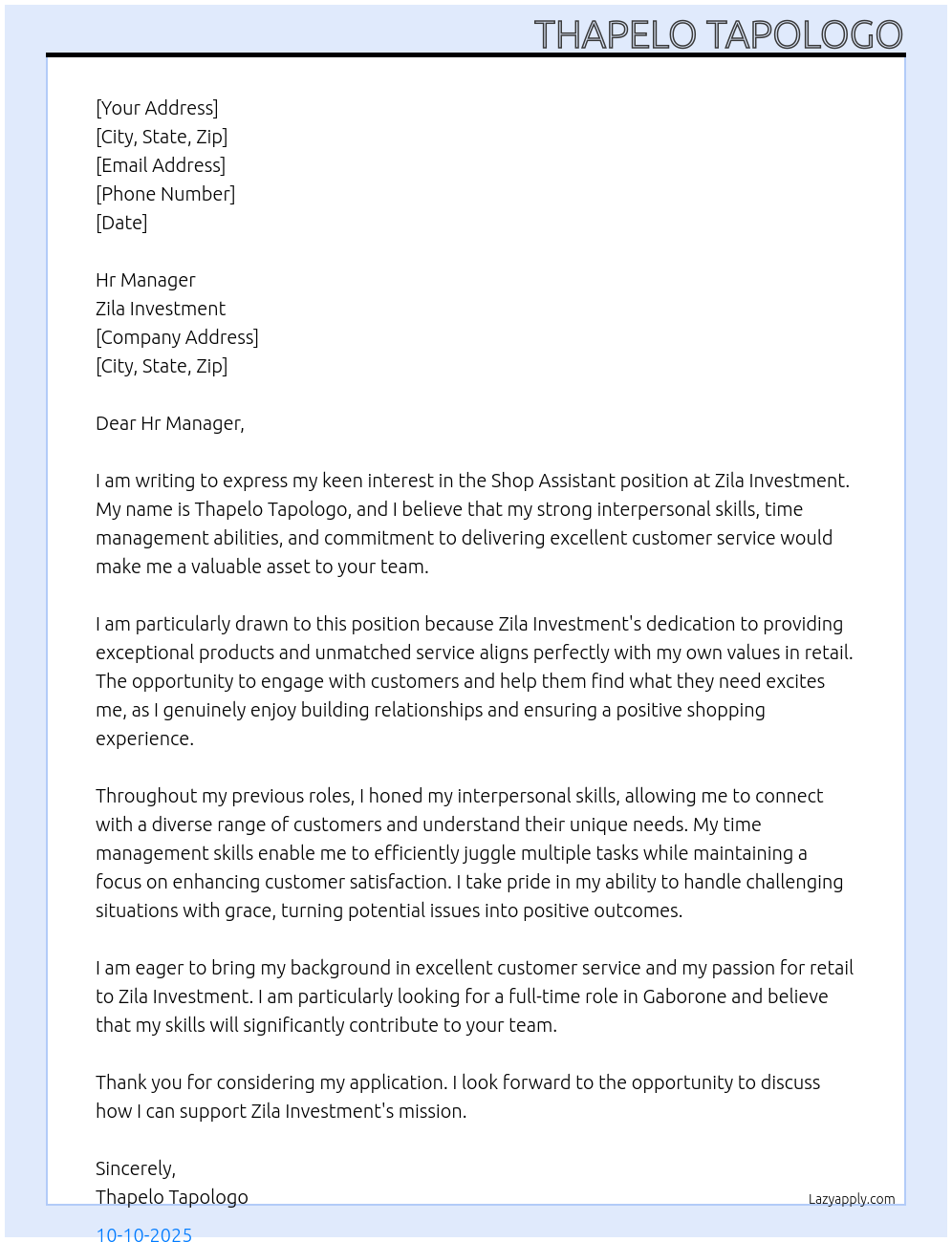 Shop Assistant At Zila Investment Cover Letter