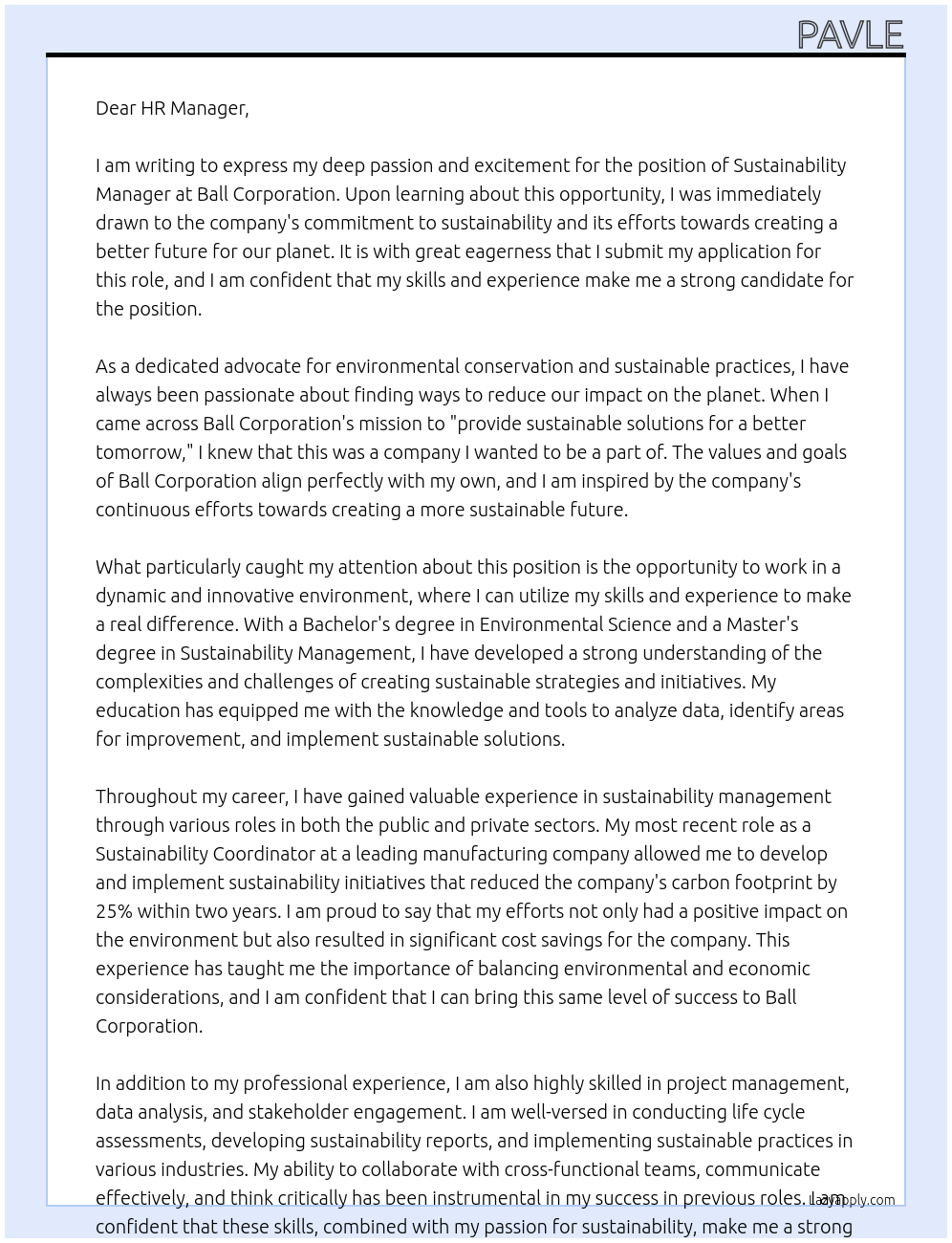 Sustainability Manager At Ball Corporation Cover Letter