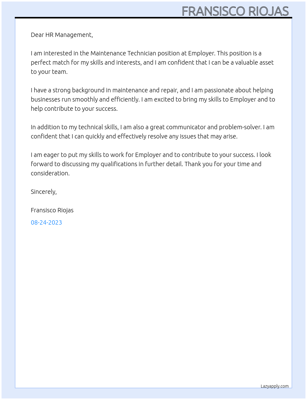 Maintenance Technician At Employer Cover Letter