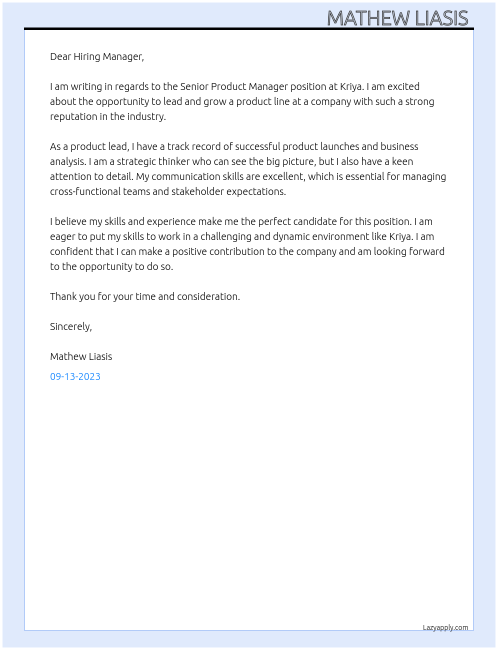 Senior Product Manager At Kriya Cover Letter