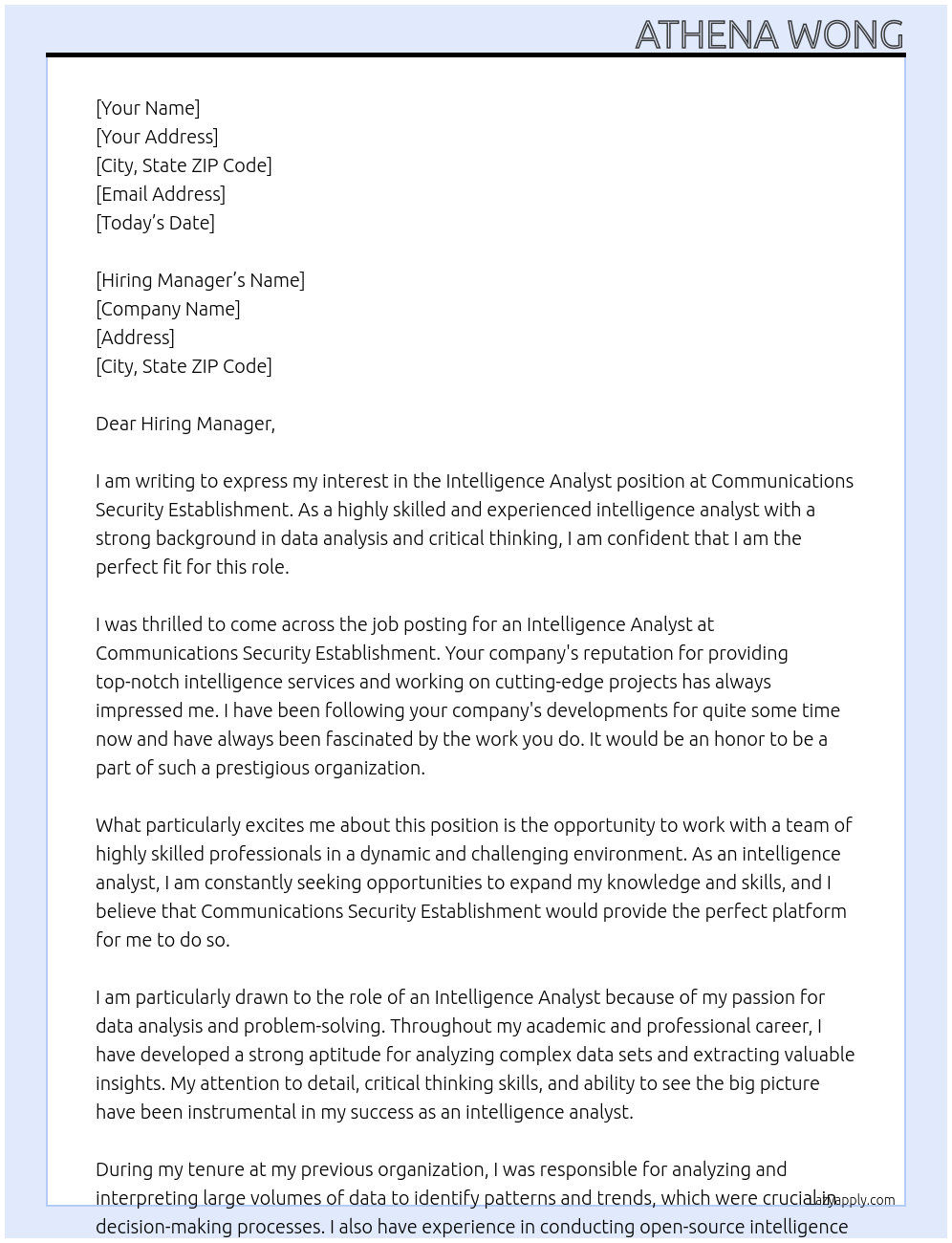 intelligence analyst At Communications Security Establishment Cover Letter