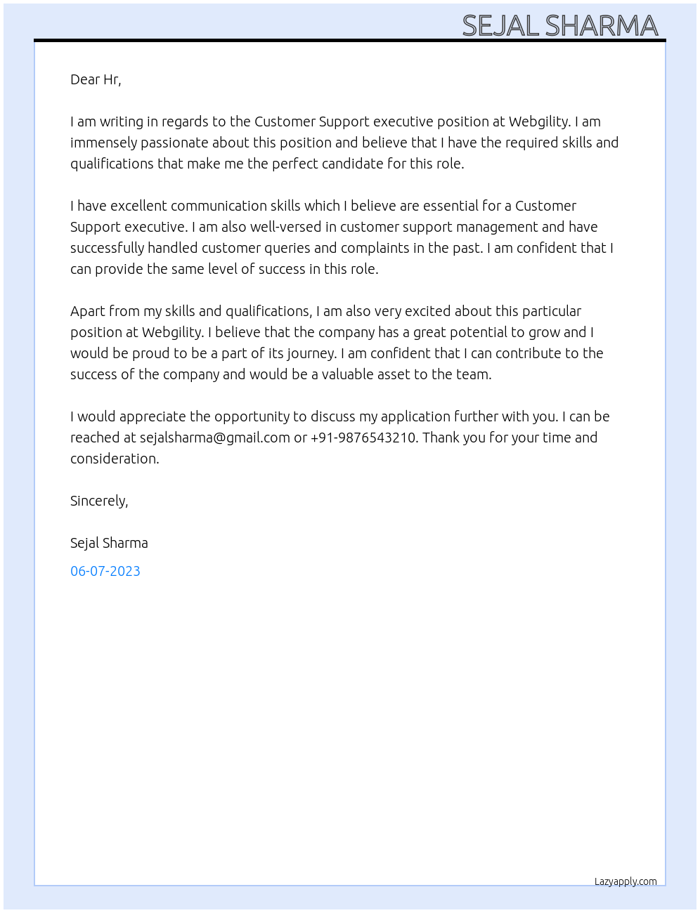 Customer Support executive At Webgility Cover Letter