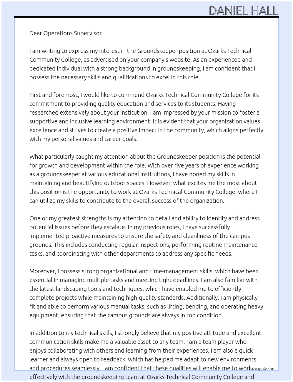 Groundskeeper At Ozarks Technical Community College Cover Letter