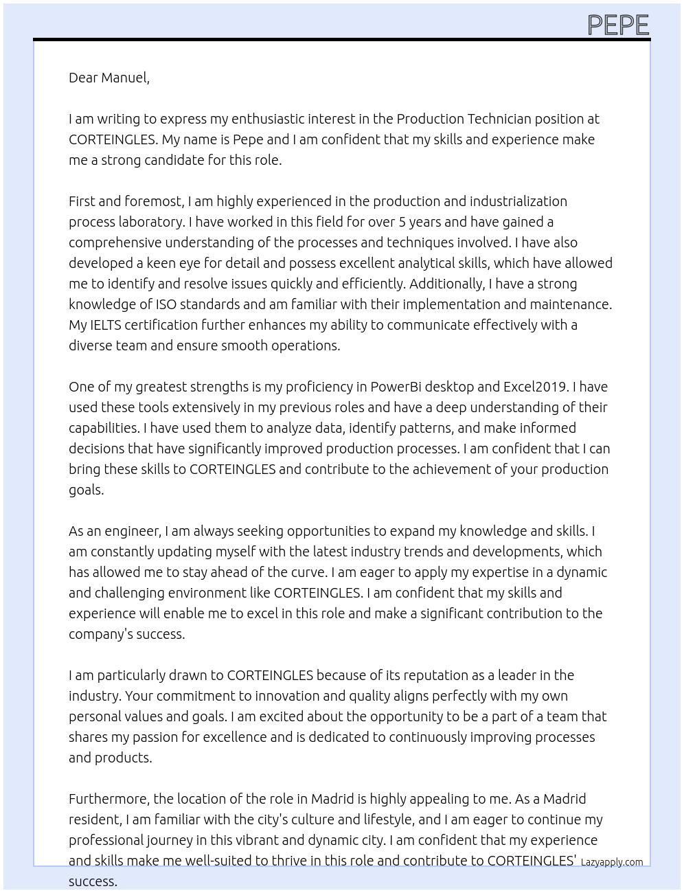 Production technician At CORTEINGLES Cover Letter