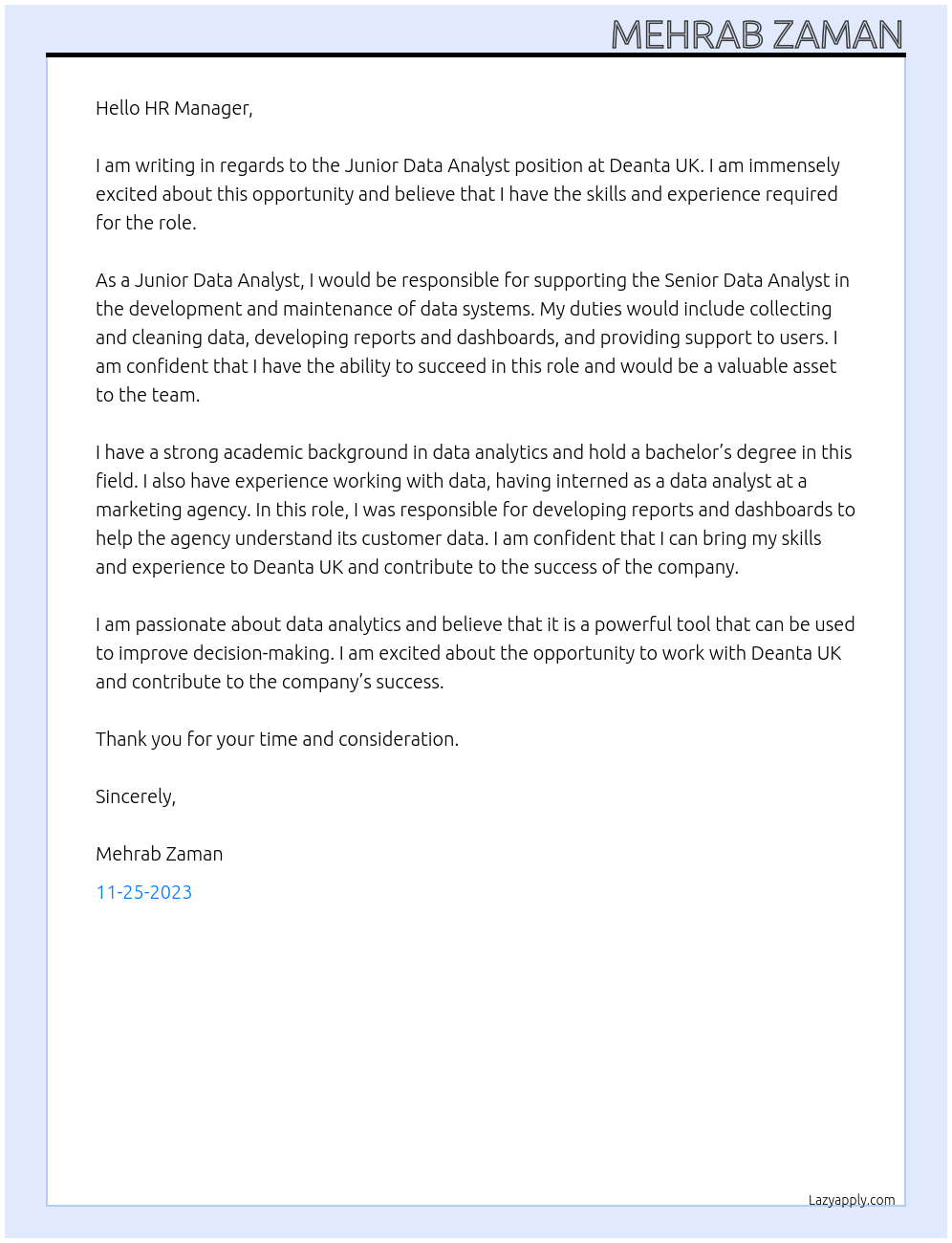 Junior Data Analyst At Deanta UK Cover Letter