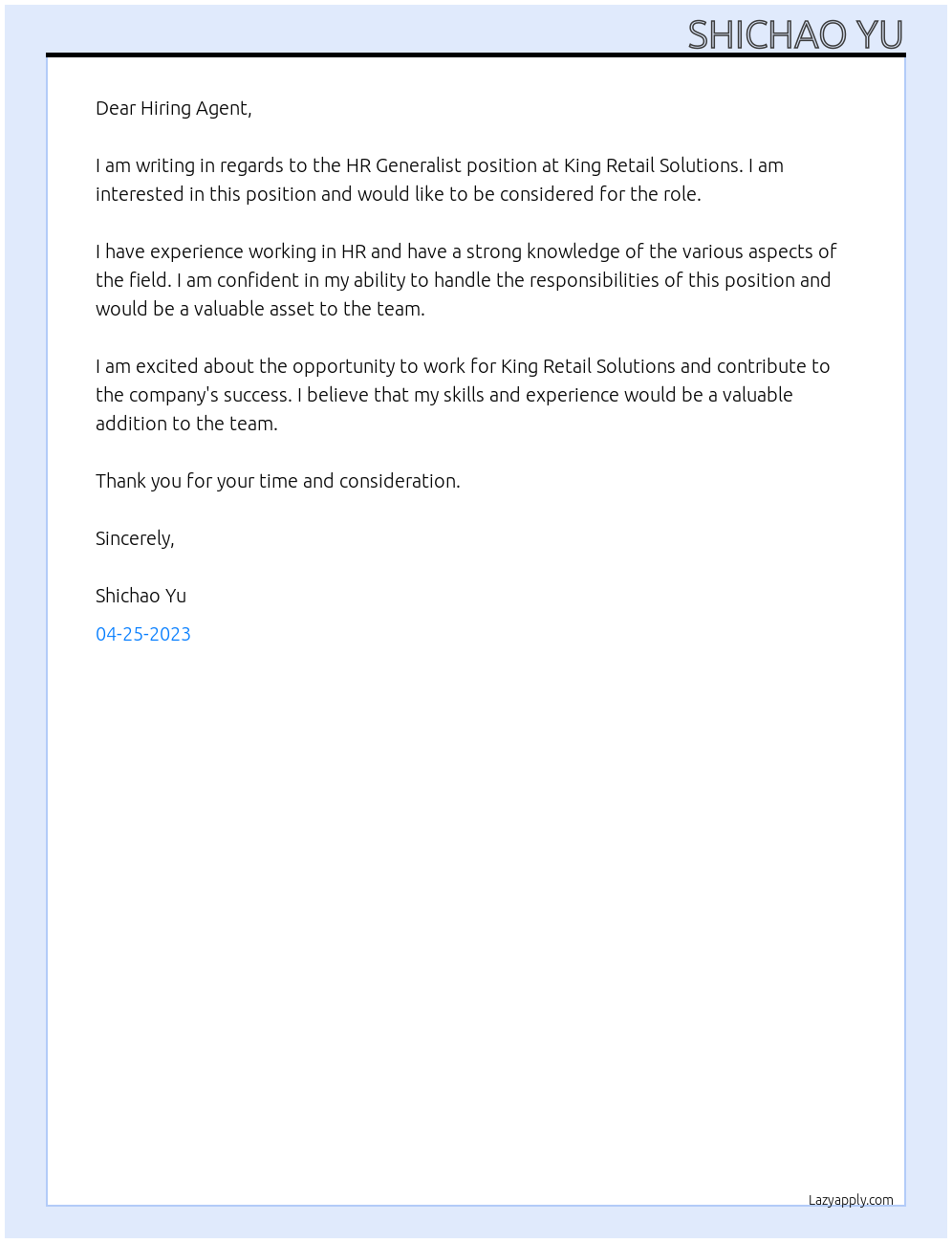 HR generalist At King Retail Solutions Cover Letter