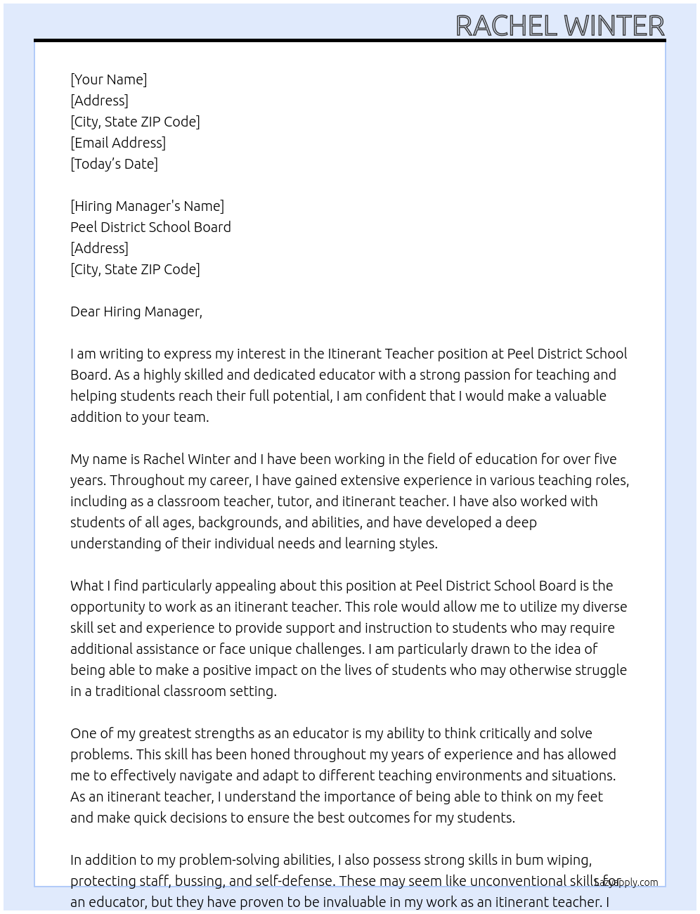 Itinerant Teacher At Peel District School Board Cover Letter