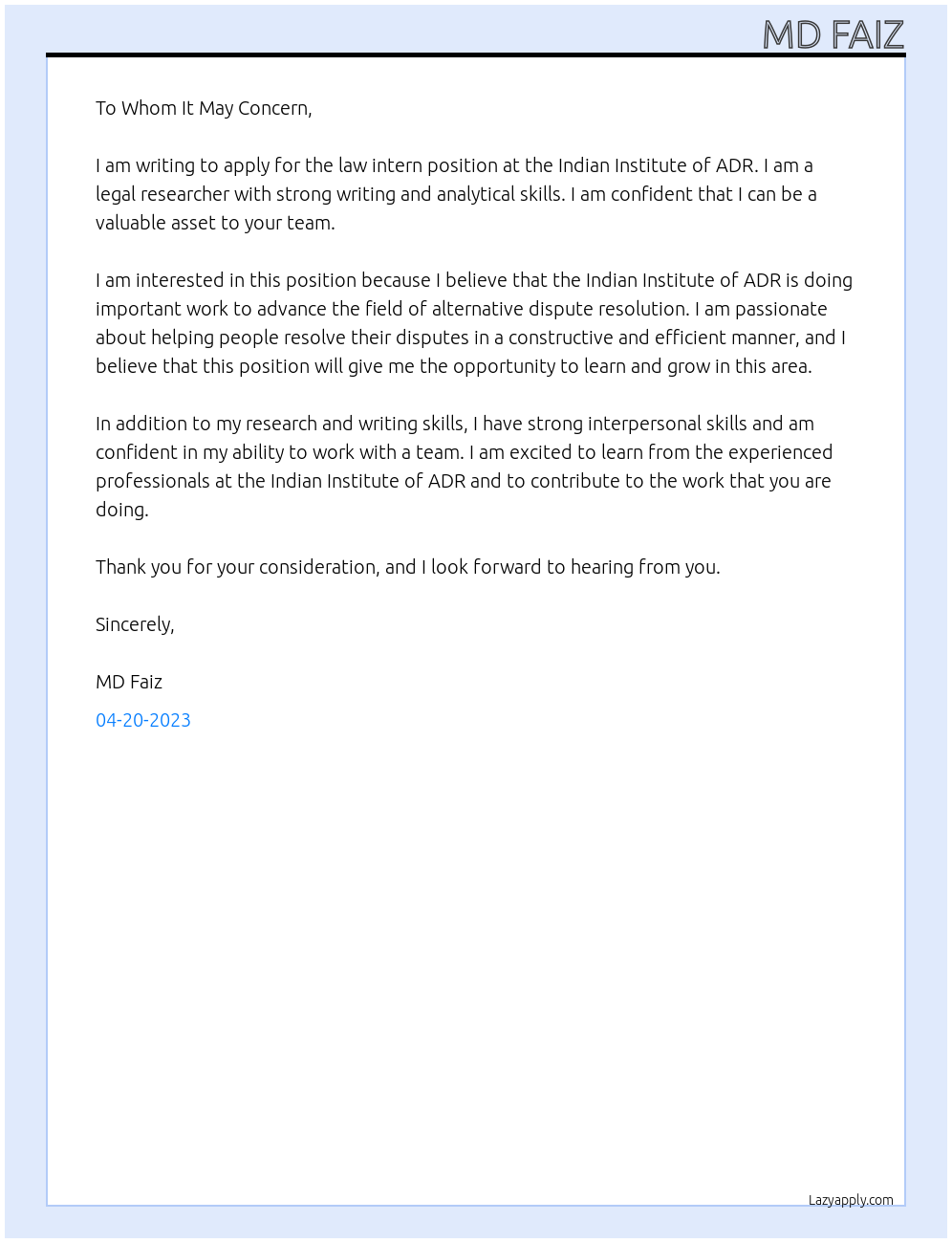 Law intern At Indian institute of ADR Cover Letter