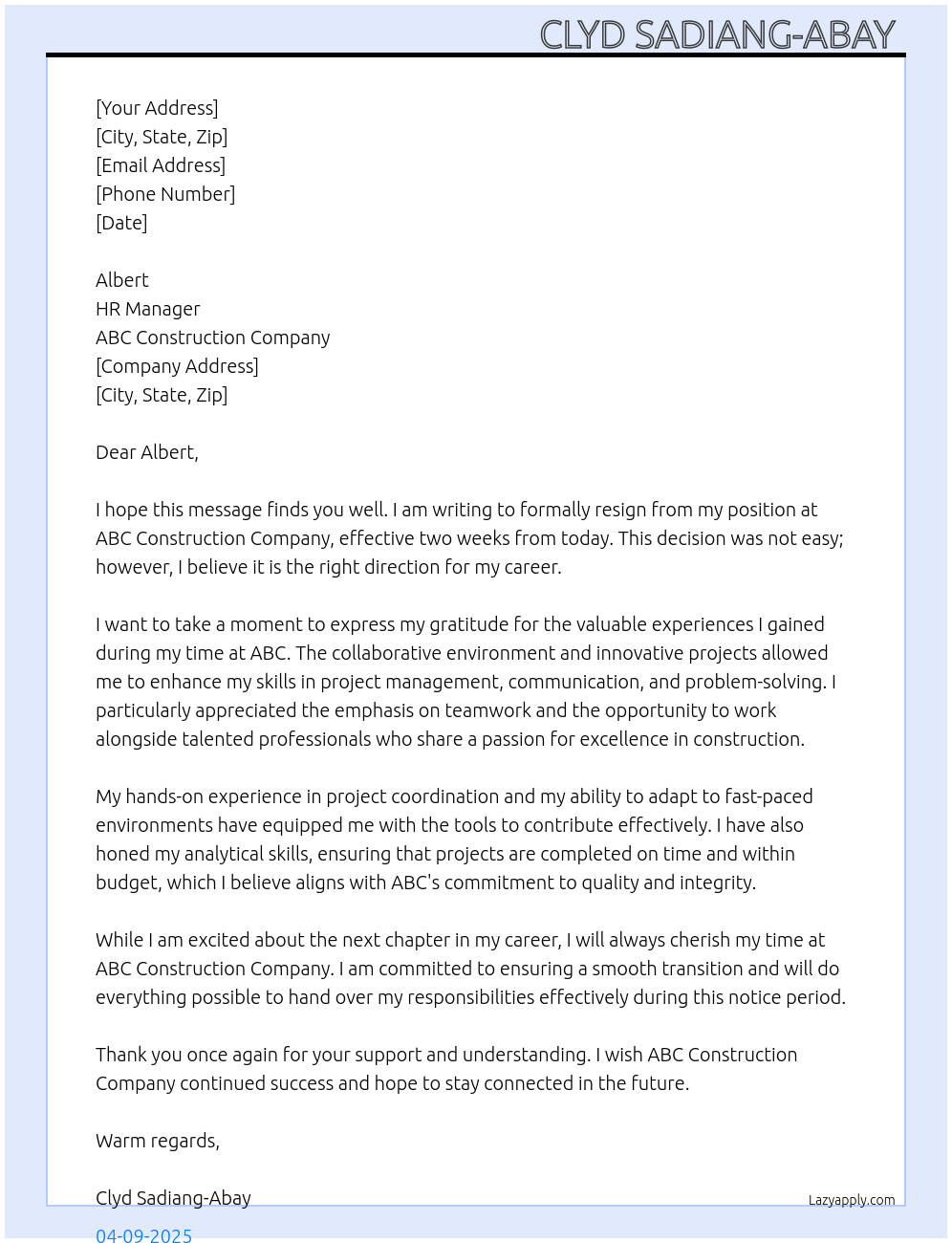 resignation letter At ABC CONSTRUCTION COMPANY Cover Letter