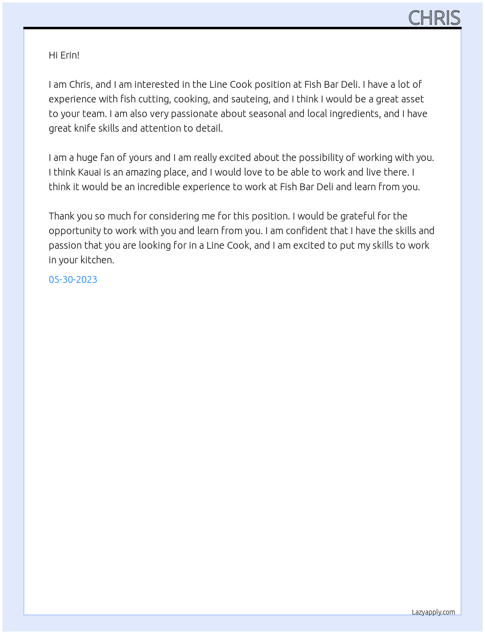 Line Cook At Fish Bar Deli Cover Letter