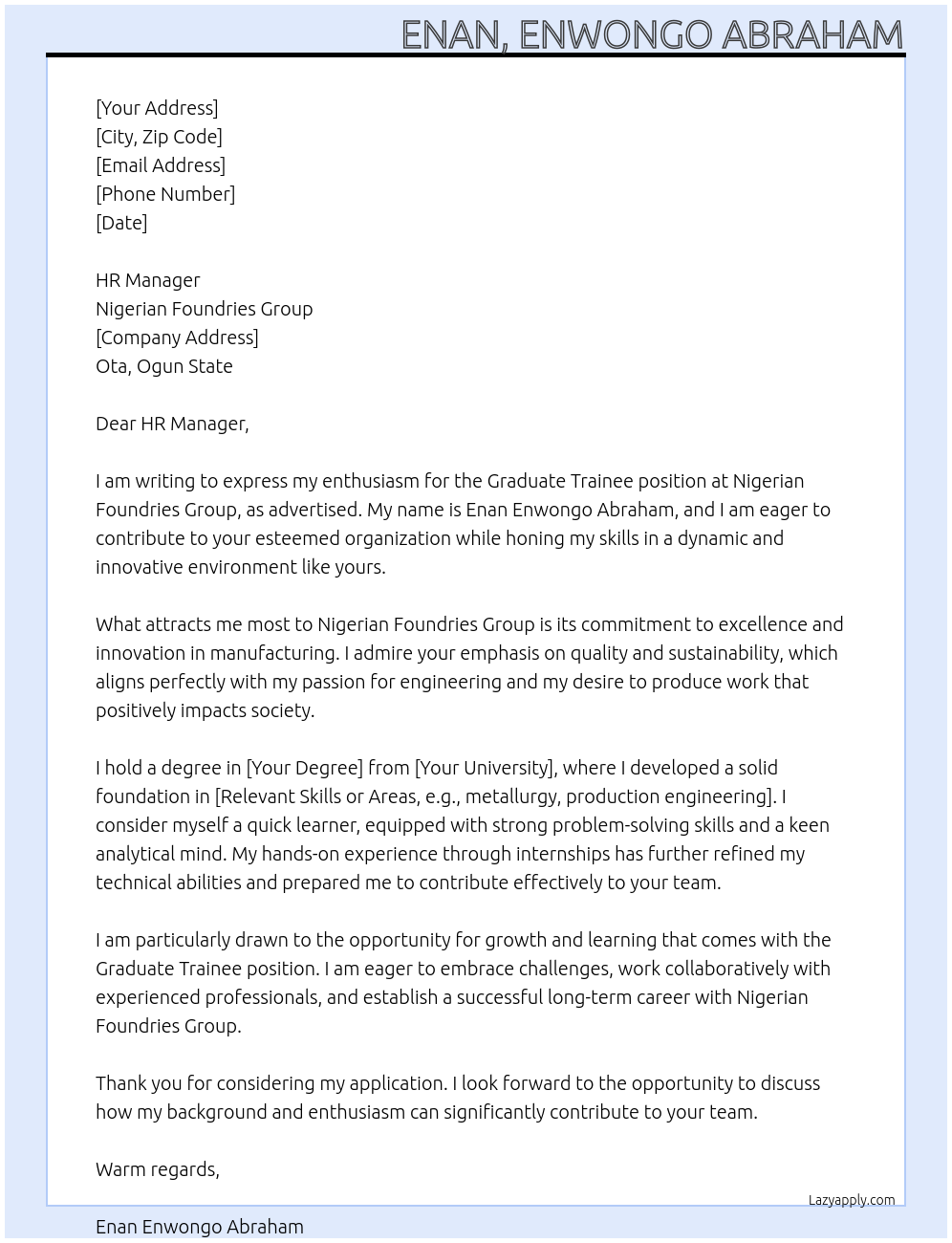 Graduate Trainee At Nigerian Foundries Group Cover Letter