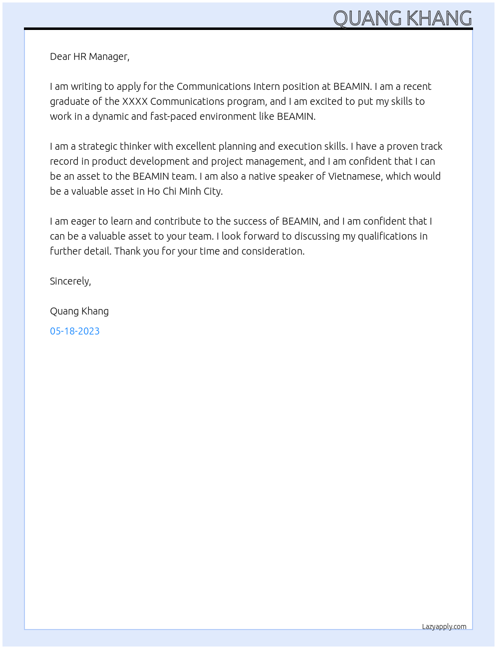 Communications Intern At BEAMIN Cover Letter