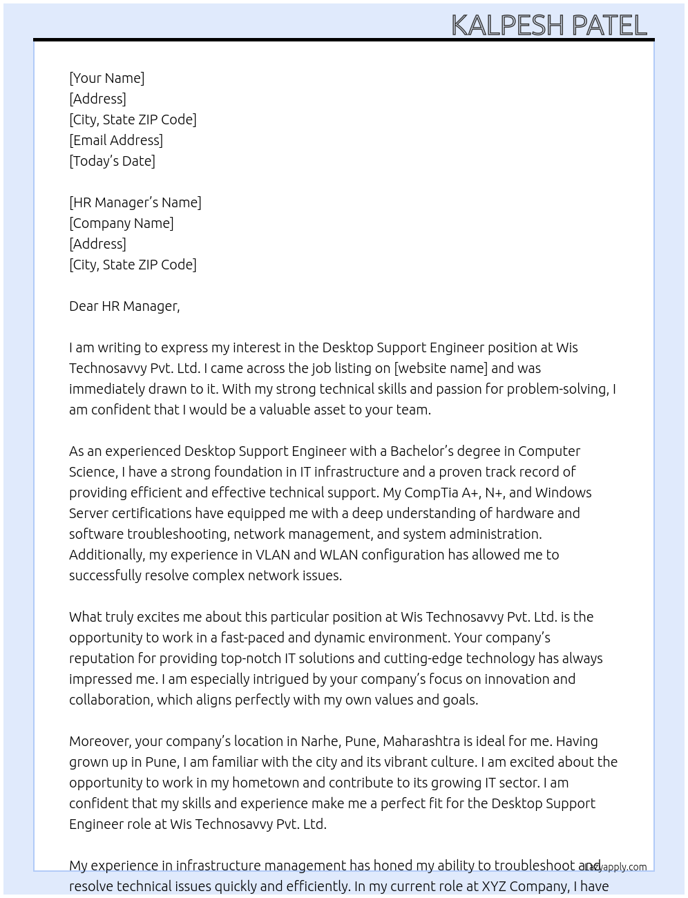 Desktop Support Engineer  At Wis Technosavvy Pvt. Ltd. Cover Letter