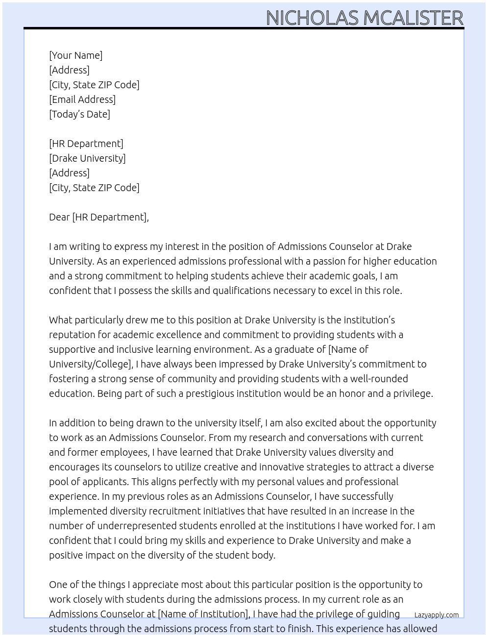 Admissions Counselor At Drake University Cover Letter