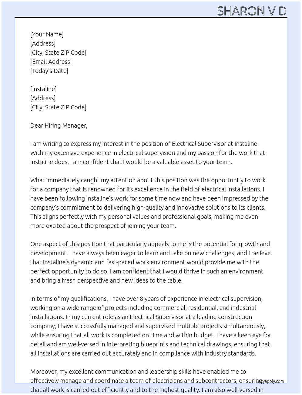 Electrical Supervisor  At Instaline Cover Letter