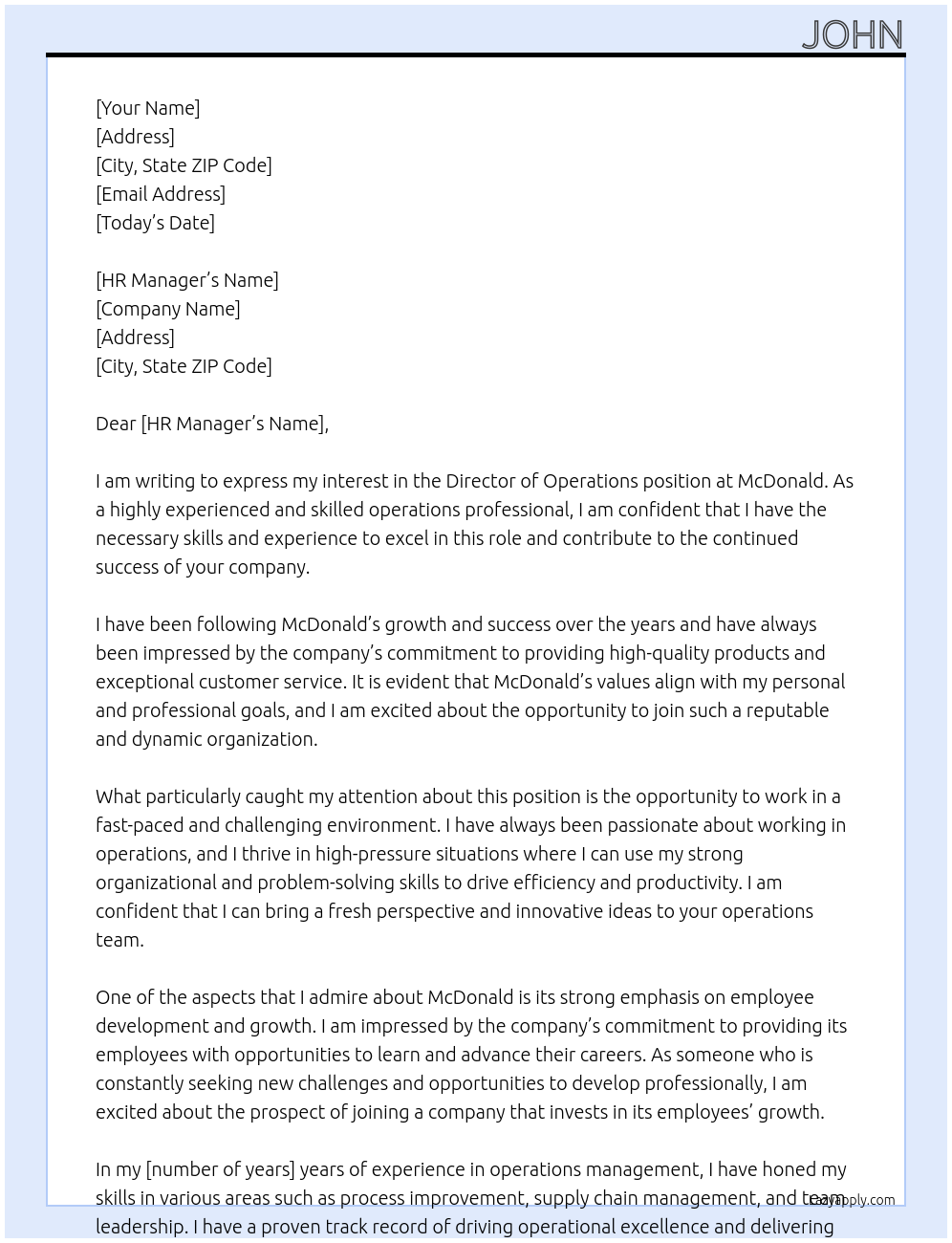 Director of operations At McDonald Cover Letter