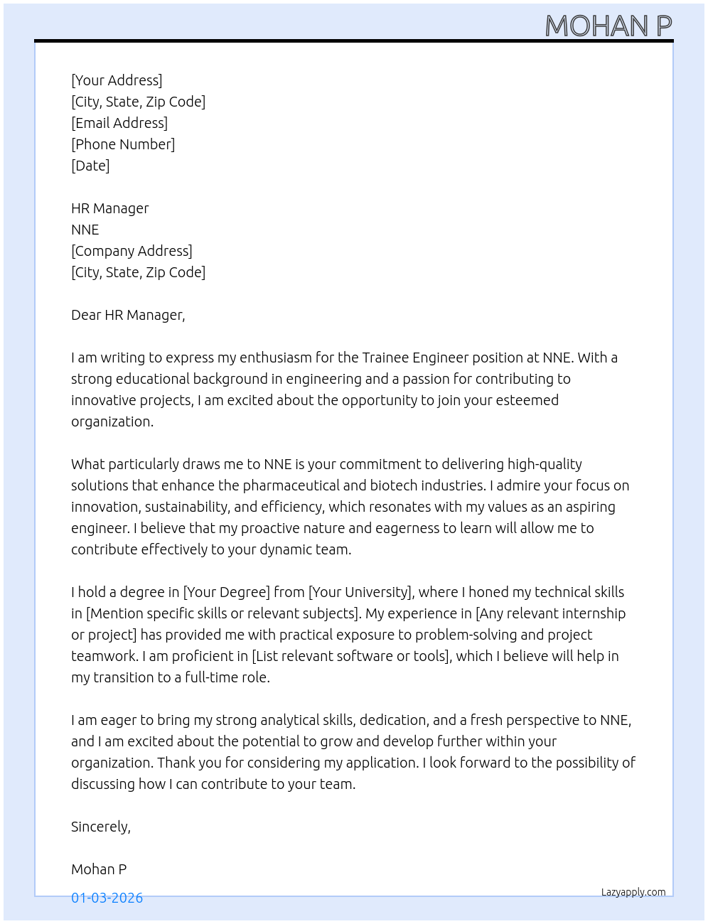 Trainee engineer At NNE Cover Letter