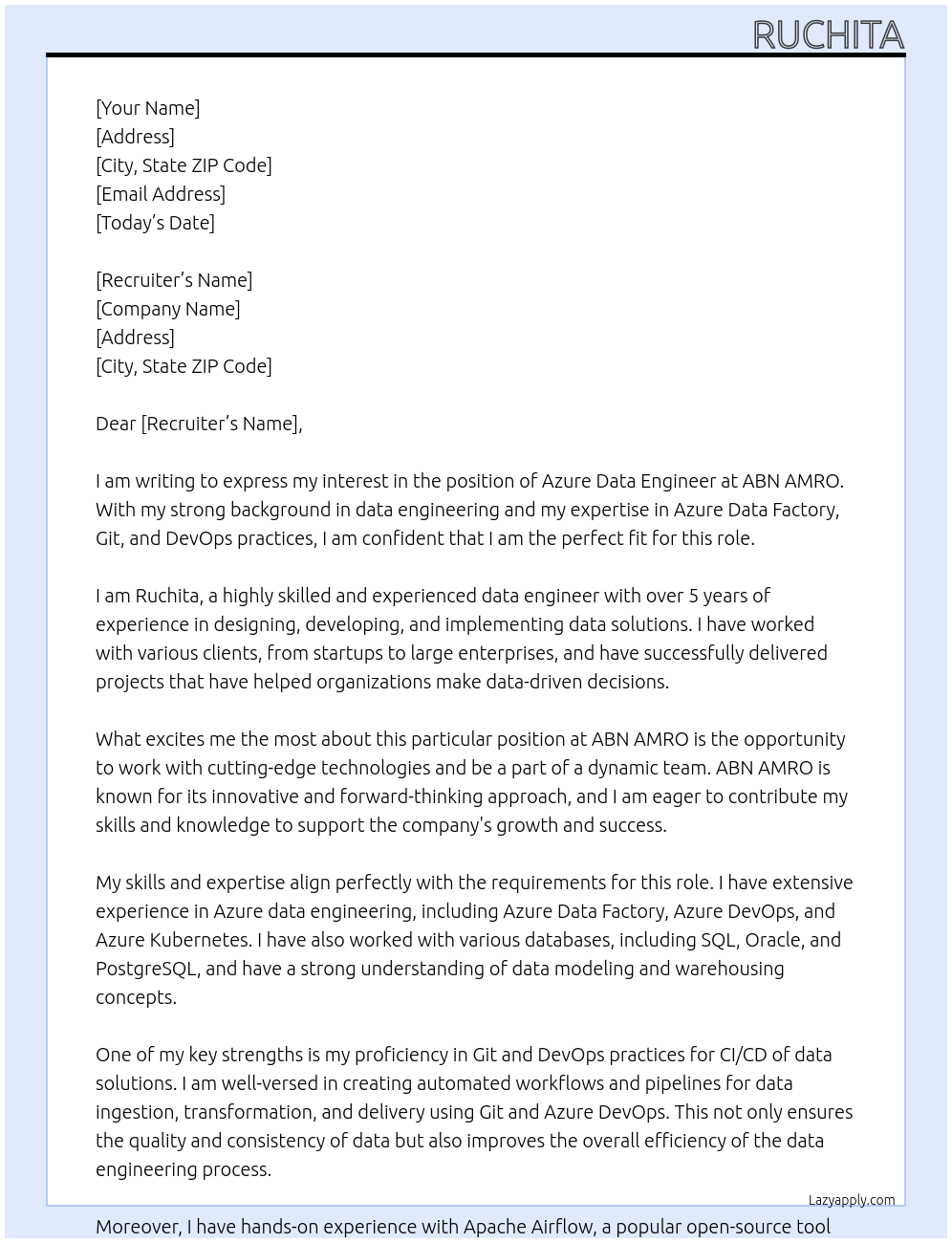 Azure Data Engineer At ABN AMRO Cover Letter