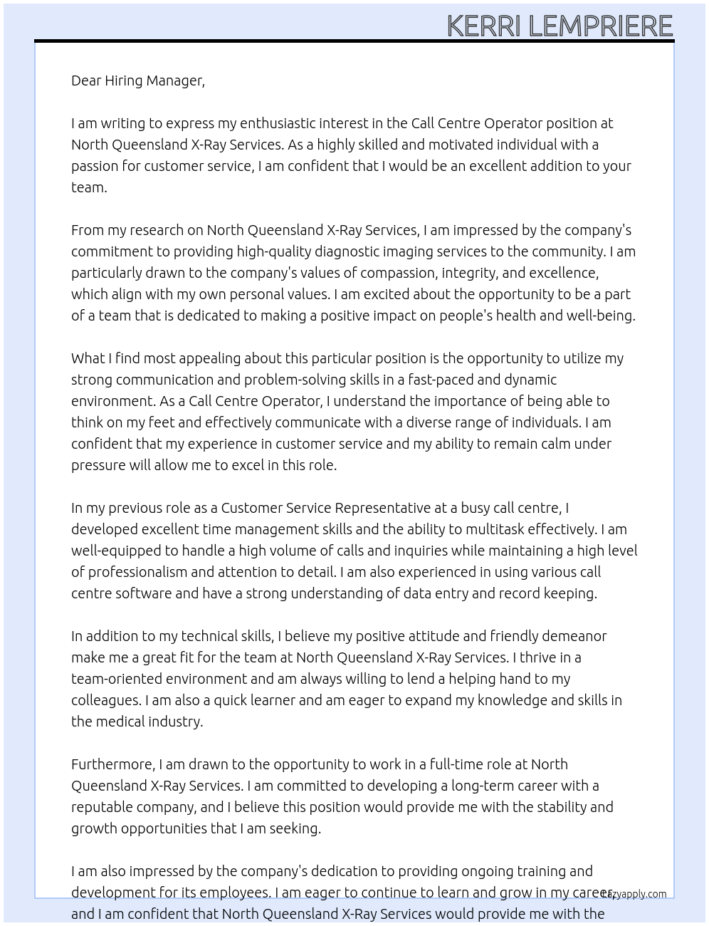 Call Centre Operator At North Queensland X-Ray Services Cover Letter