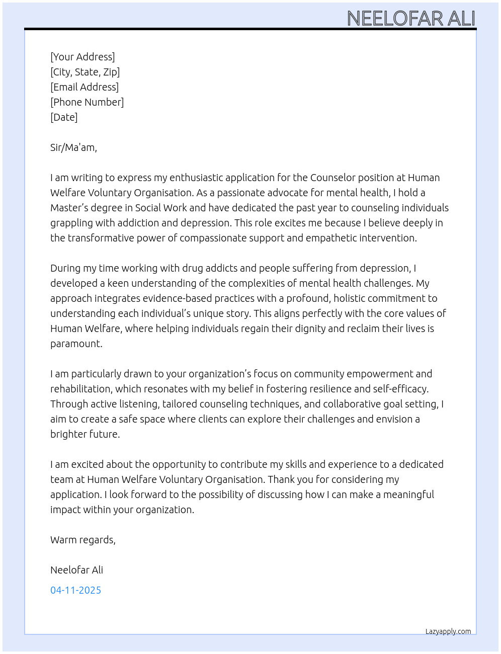 Counselor At Human welfare voluntary organisation Cover Letter