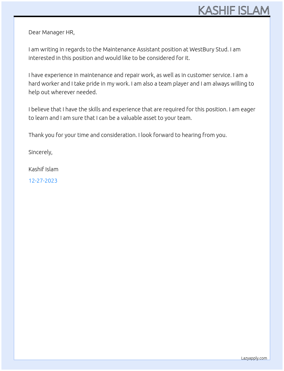 Maintenance Assistant At WestBury Stud Cover Letter