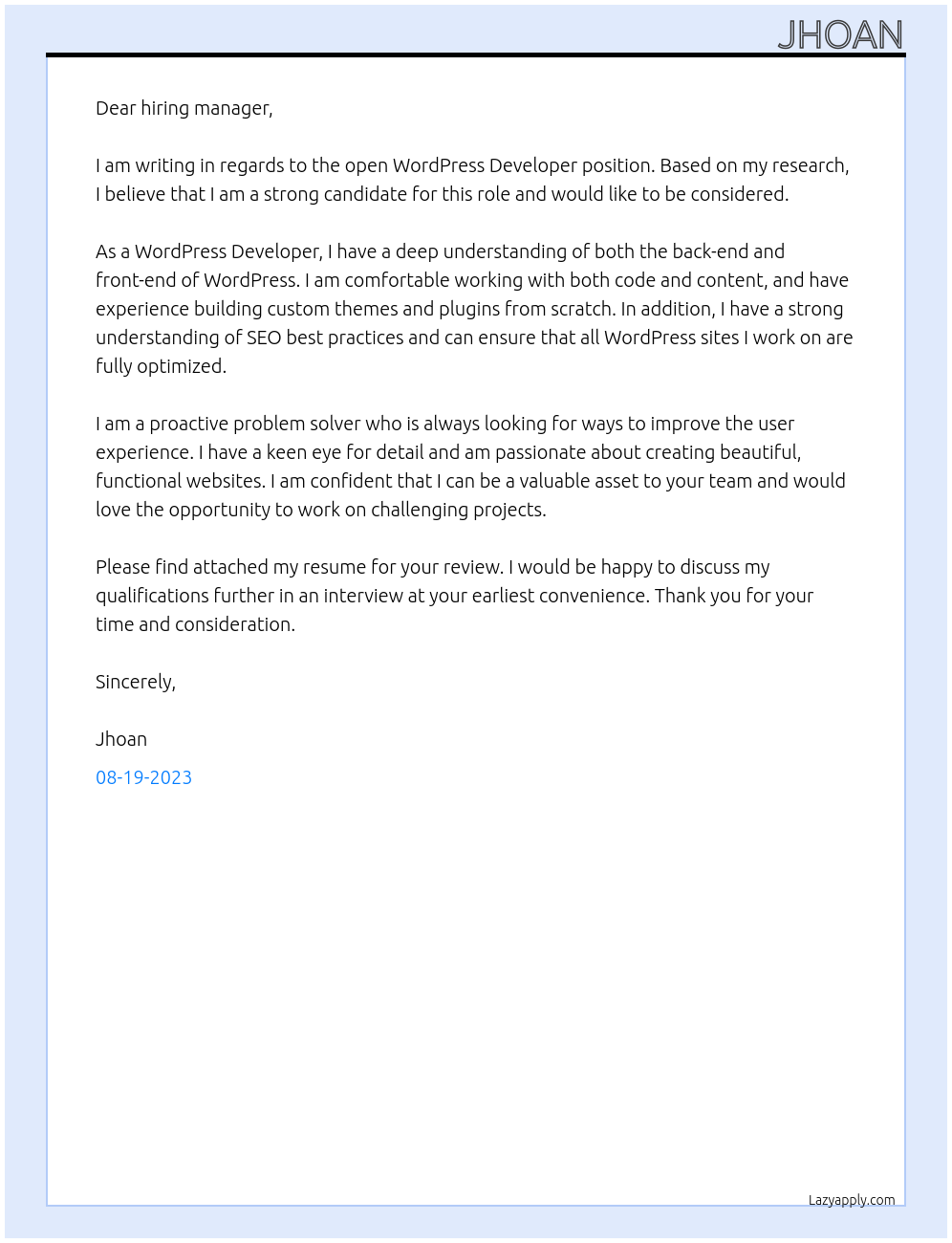 wordpress developer At none Cover Letter