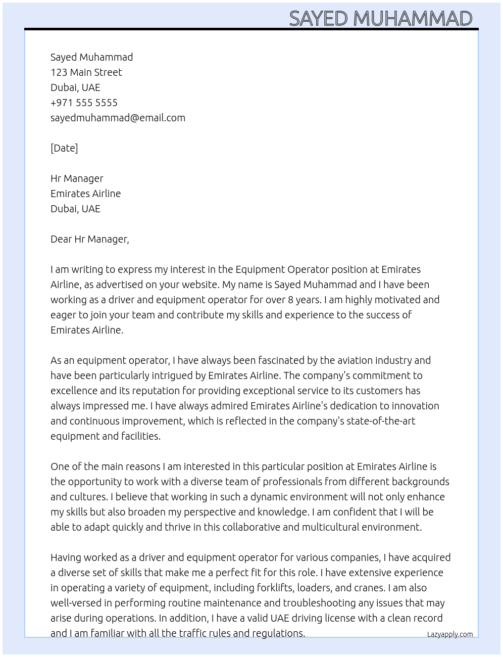 Equipment operator At Emirates airline Cover Letter