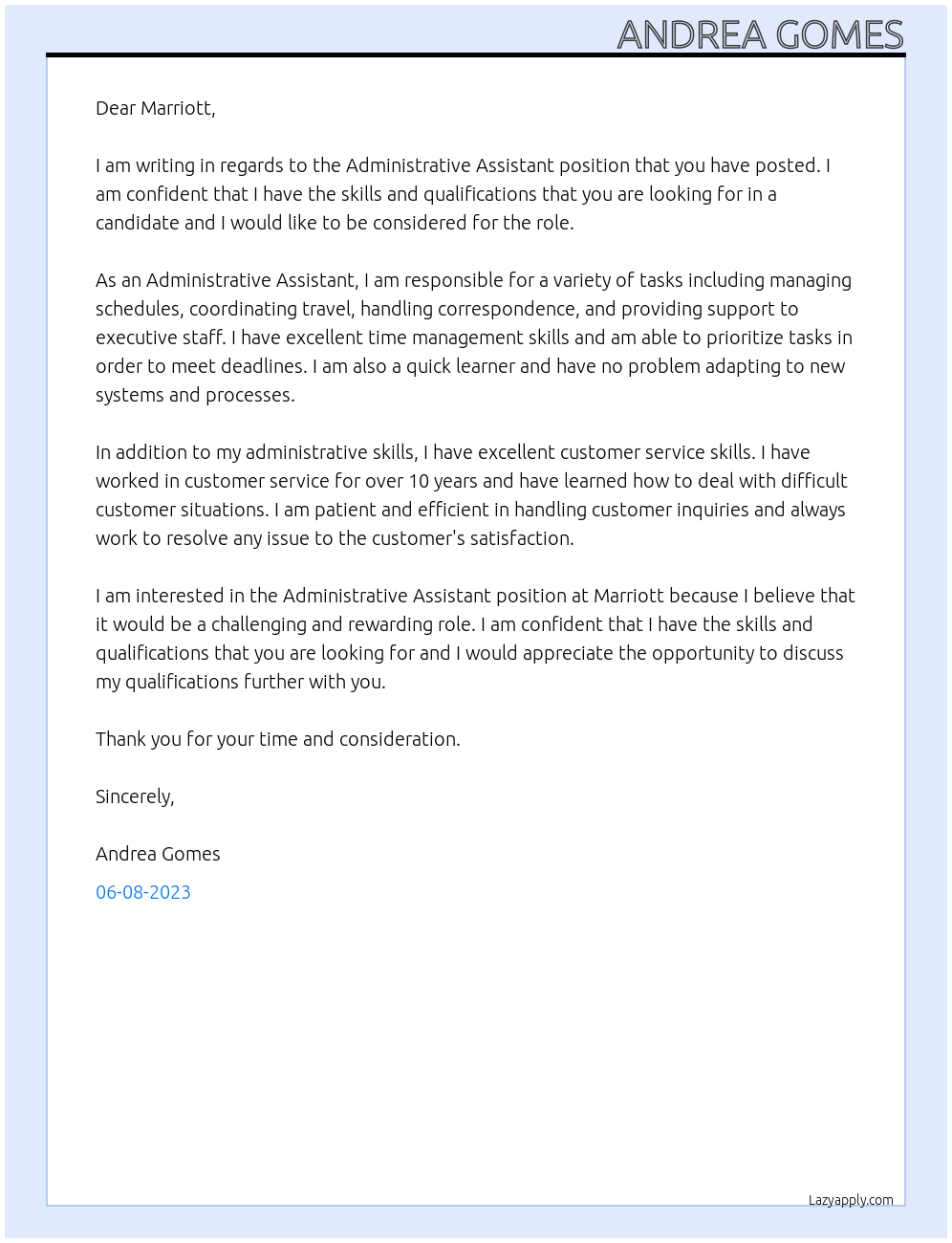 Adminstrative assistant At Marriot Cover Letter