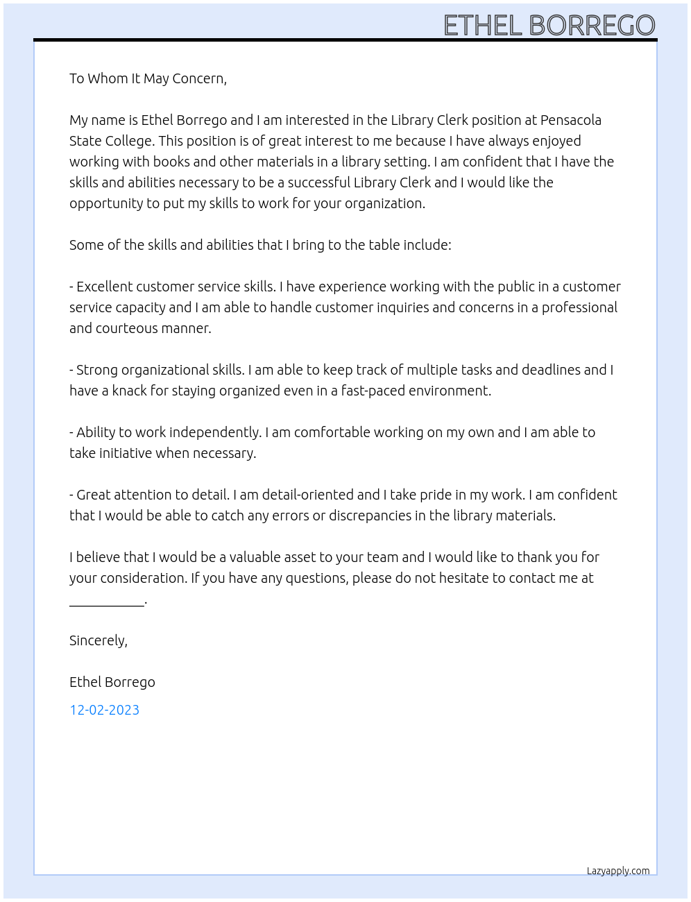 Library Clerk At Pensacola State College Cover Letter