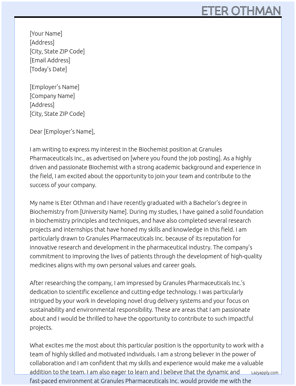 Biochemist At Granules Pharmaceuticals Inc. Cover Letter