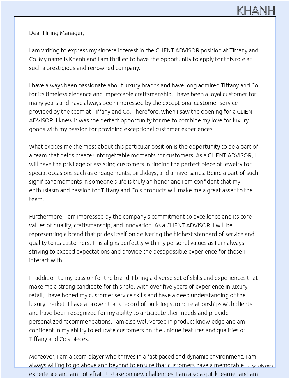 CLIENT ADVISOR At Tiffany and Co Cover Letter