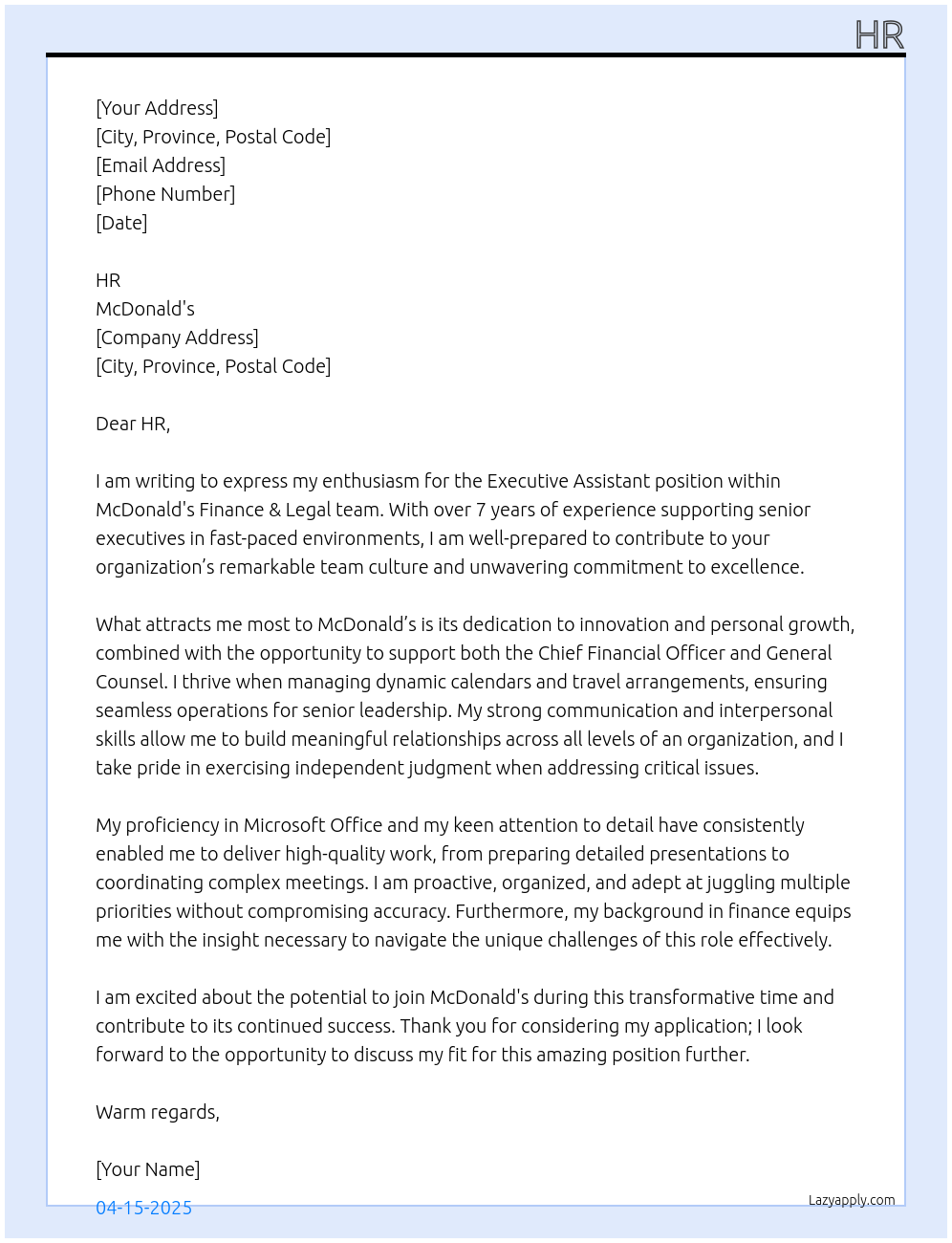 executive assistant At McDonald's Cover Letter