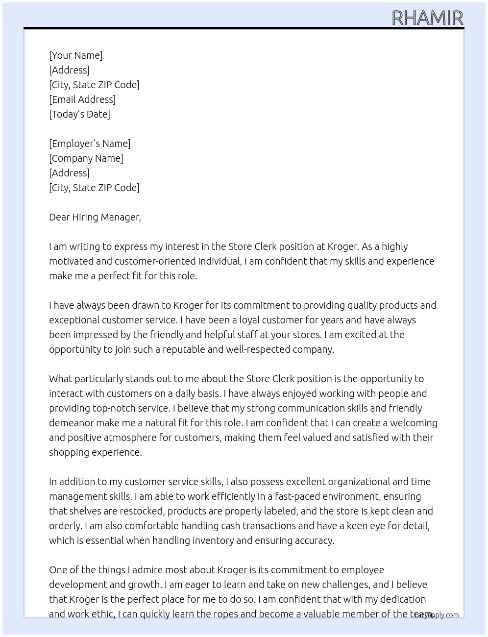 Store Clerk At Kroger Cover Letter