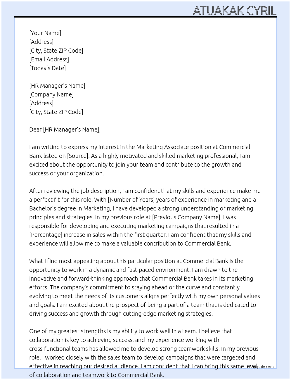 Marketing Associate At Commercial Bank Cover Letter