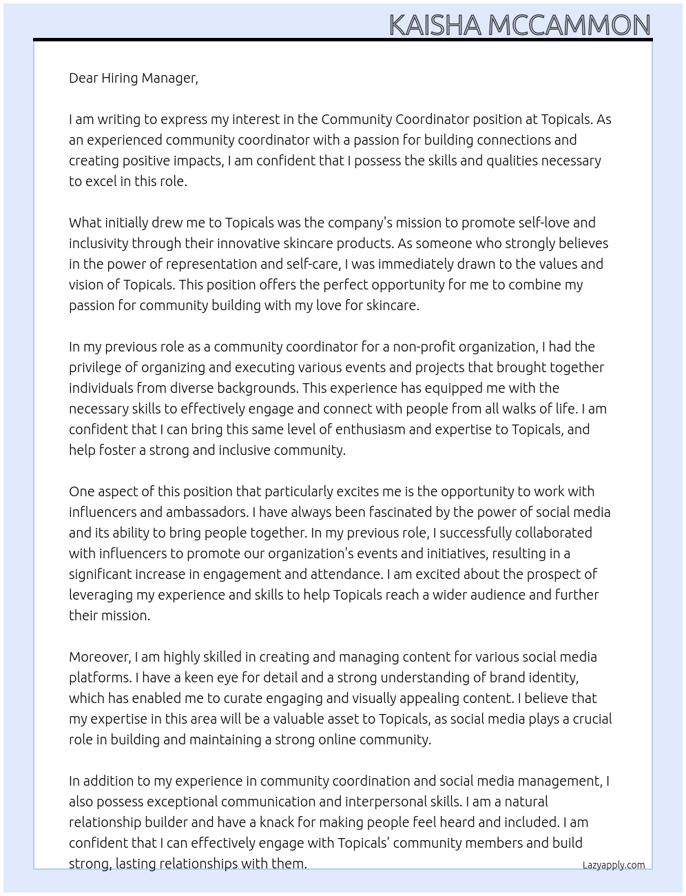 Community Coordinator At Topicals Cover Letter