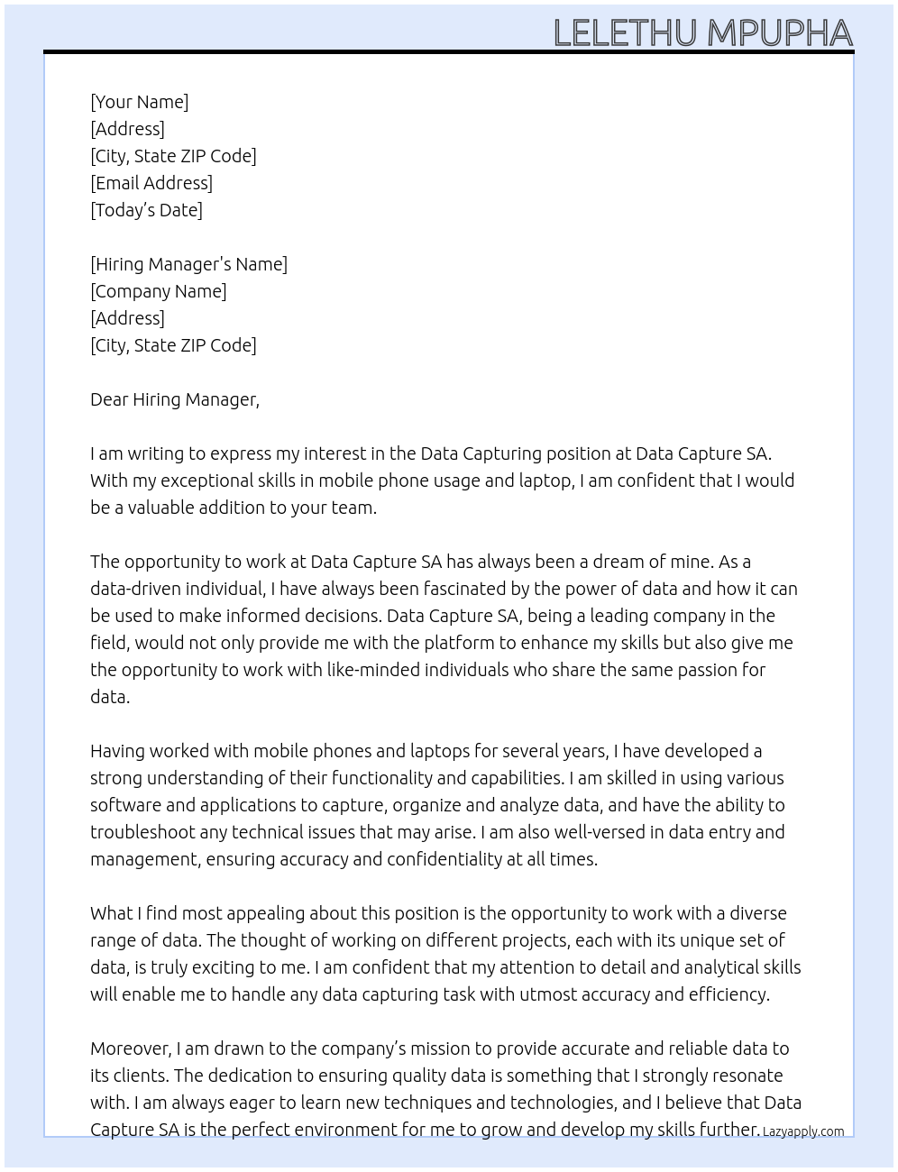 Data capturing  At Data capture SA Cover Letter