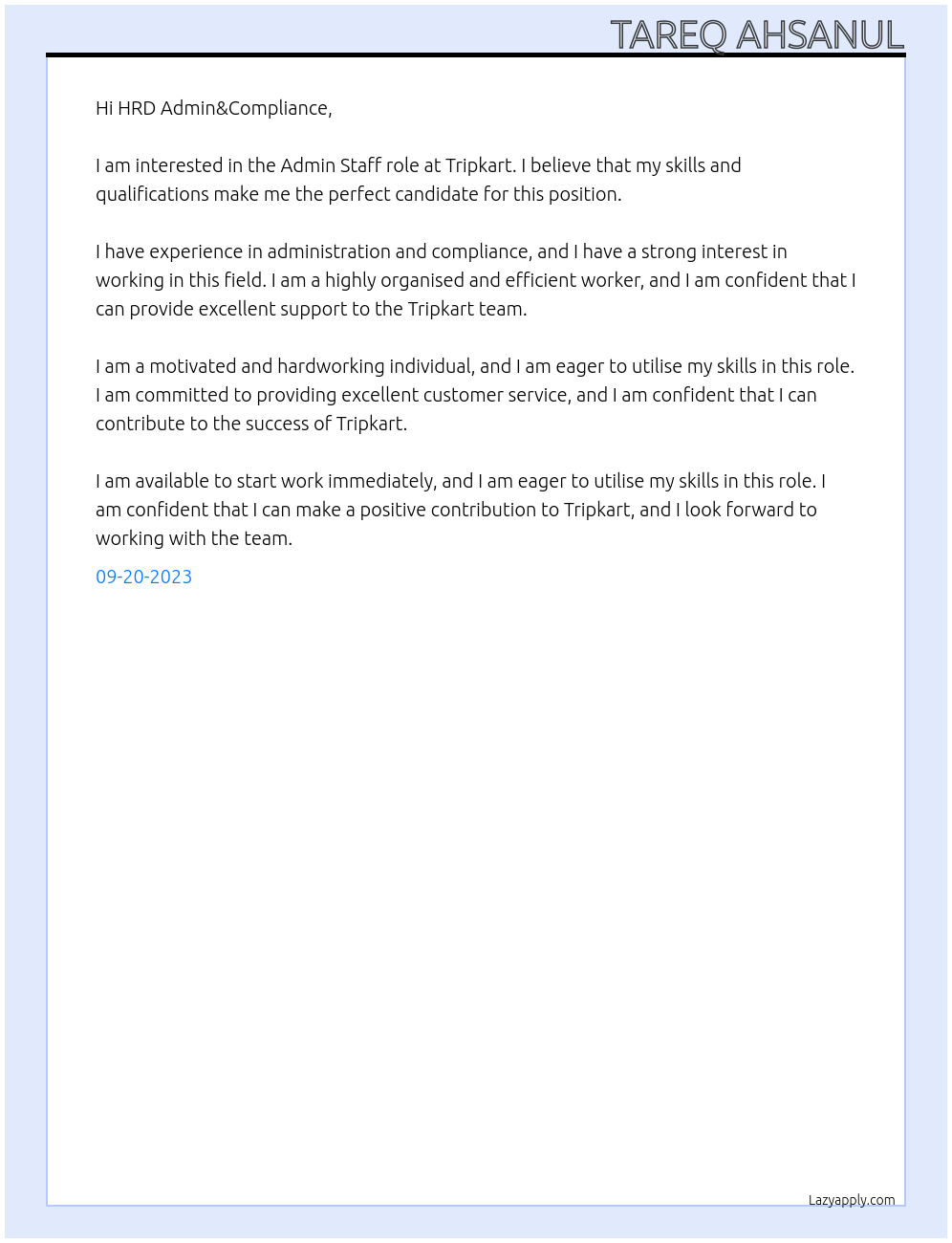 Admin Staff  At Tripkart Cover Letter