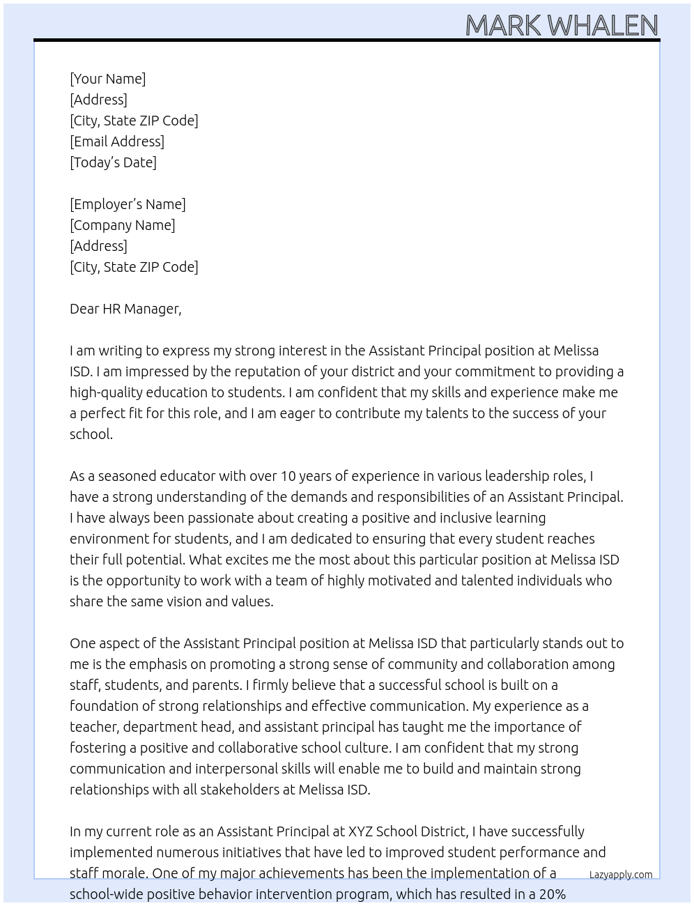 Assistant Principal At Melissa ISD Cover Letter